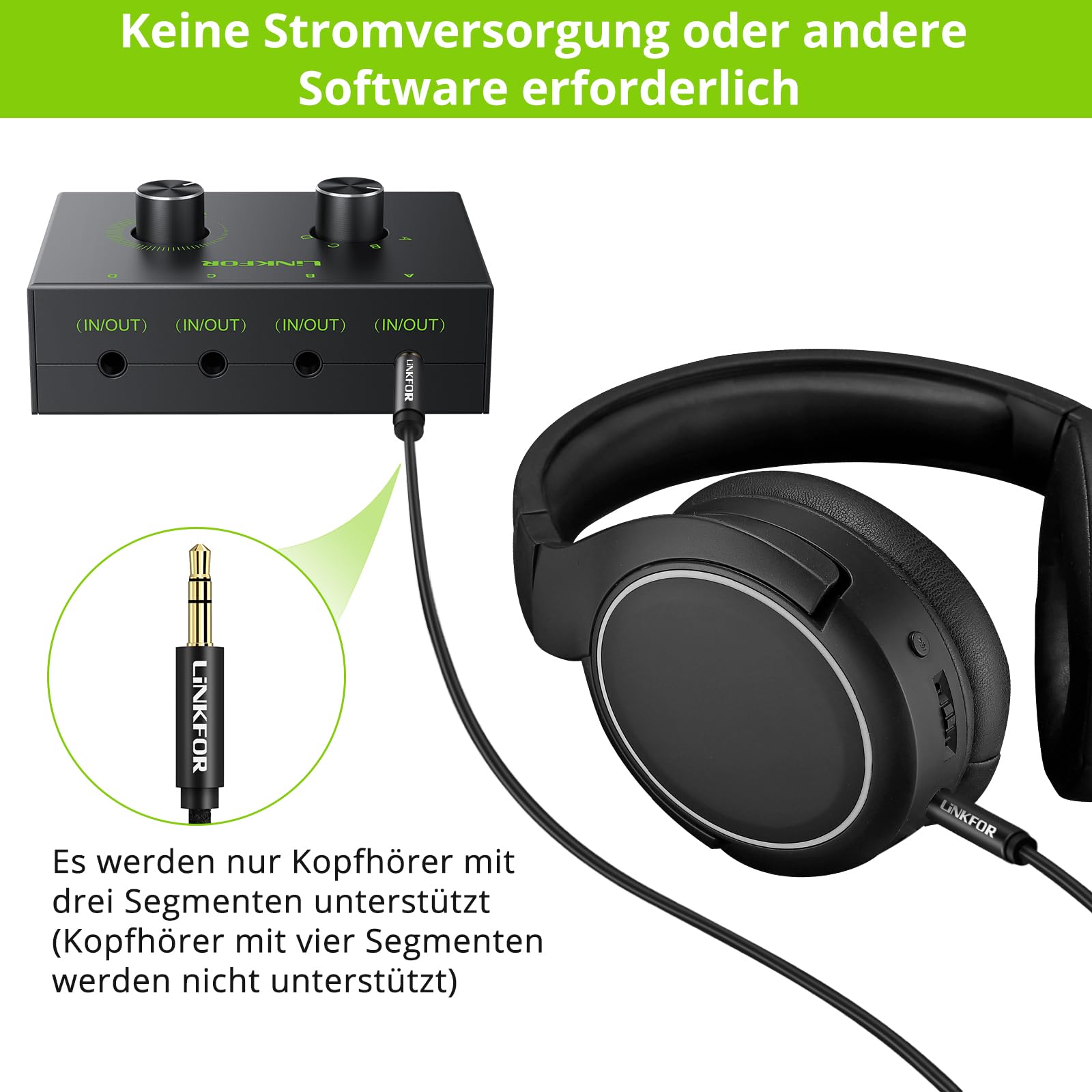 LiNKFOR 3.5mm Stereo Audio Switcher Selector 3,5mm Stereo Audio Schalter Umschalter Splitter Konverter 4 x 1/1 x 4 für passive Lautsprecher Kopfhörer, Nr Externe Stromversorgung erforderlich