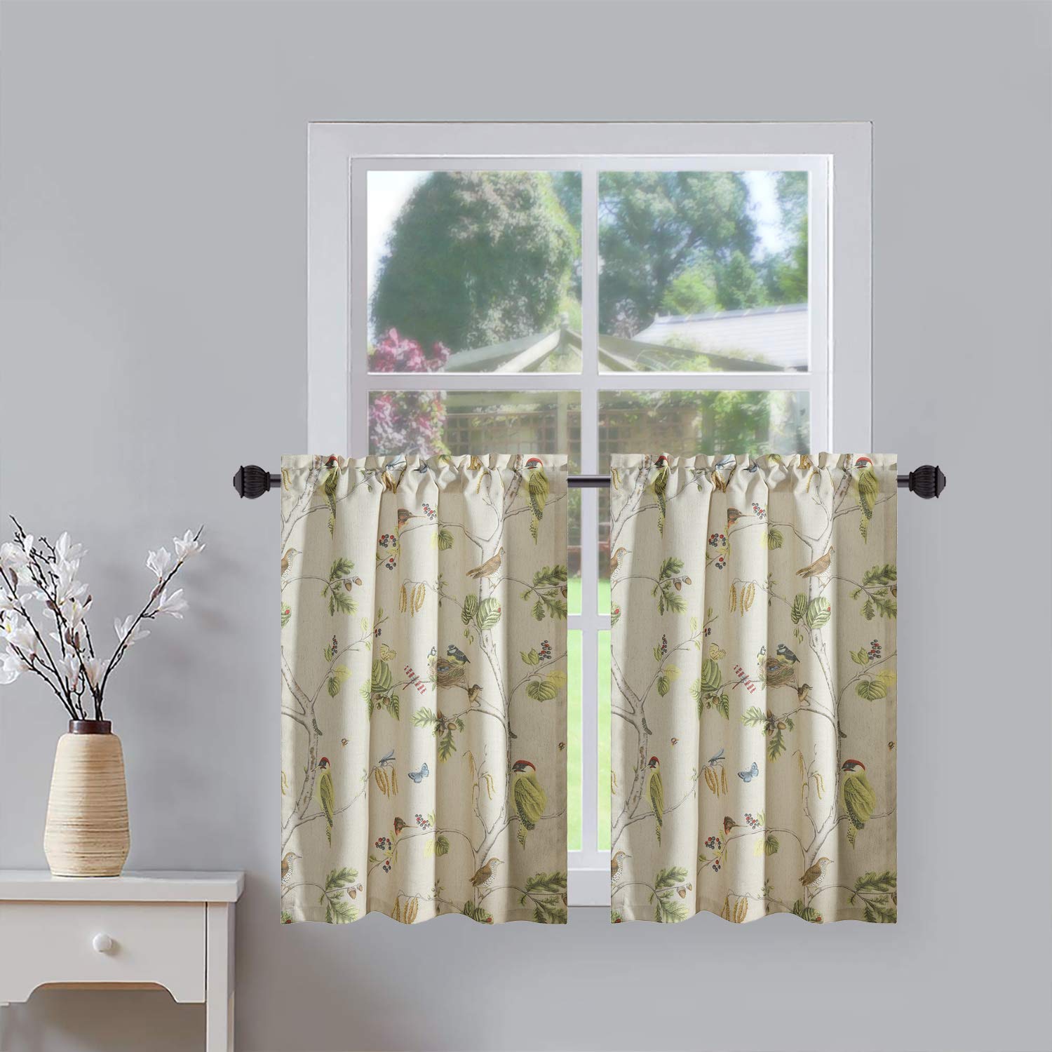 LeevaLeaves and Birds Print Kitchen Curtains Tiers for Windows Porch, Thermal Insulated Rod Pocket Green Spring Style Half Window Curtains and Drapes for Kids' Room, 2 Panels, 30 X 36