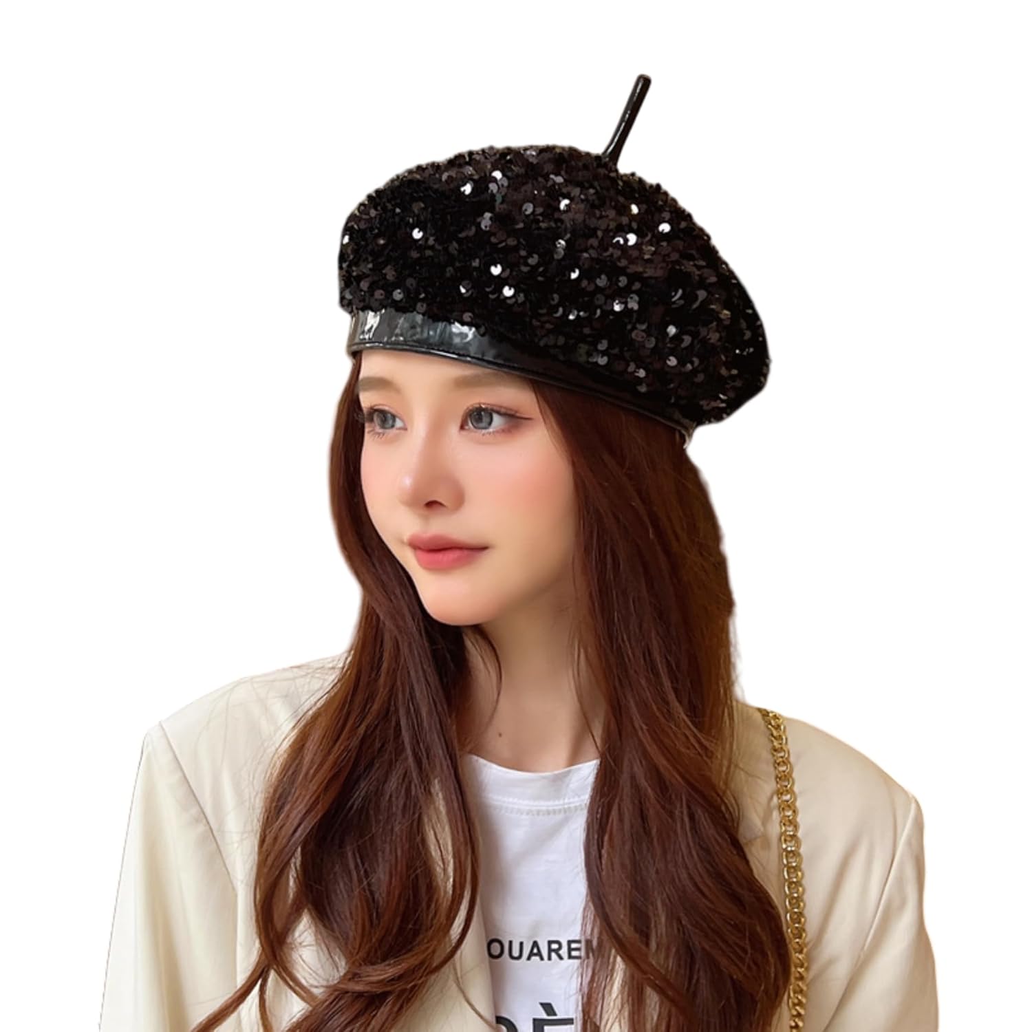 MOSSTYUS Women Bling Sequins Glitter French Beret Hat Lady Girls Sparkle Artist Beanie Cap Headwear for Dance Party