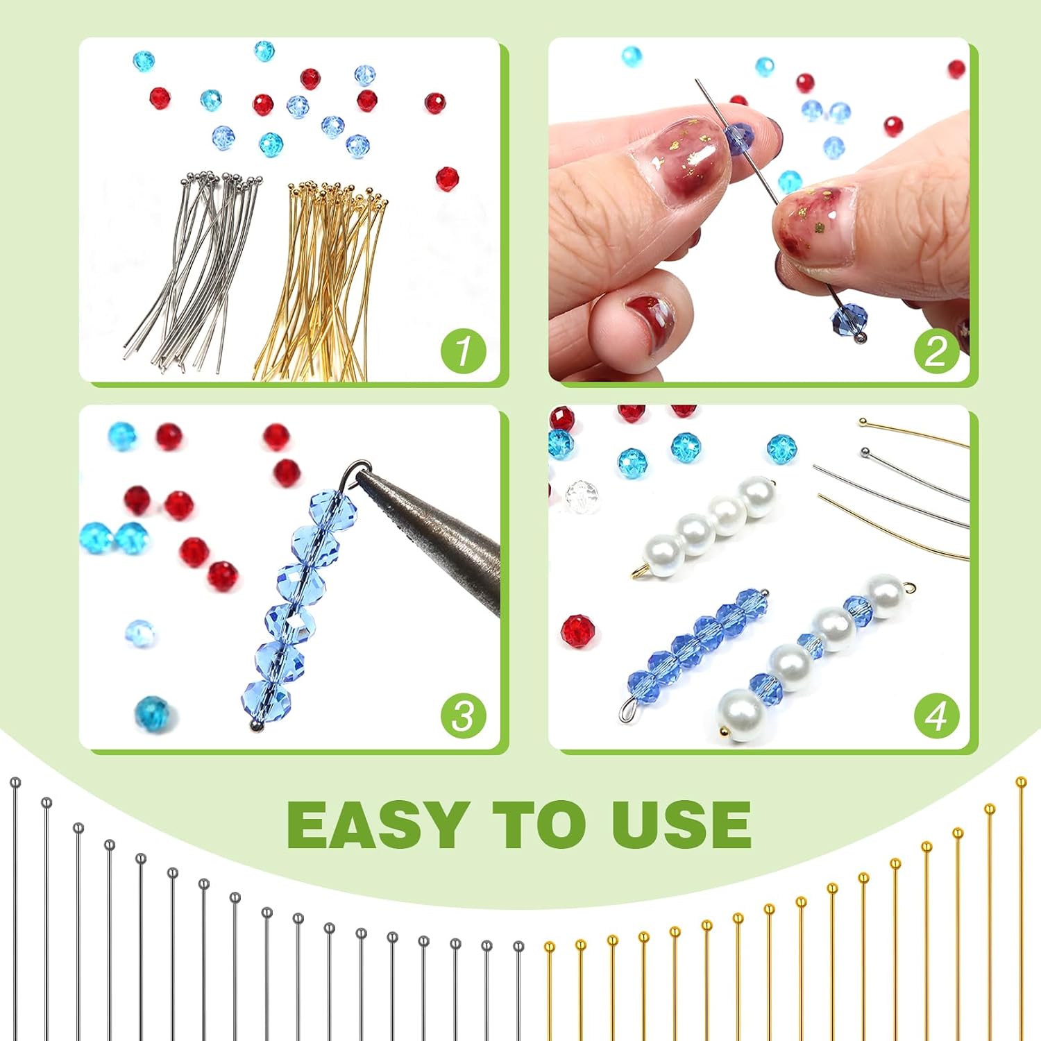 TOAOB 200pcs Stainless Steel Head Pins Set for Jewelry Making Long 50mm Gold Silver Ball Head Pins Jewelry Findings for DIY Crafts