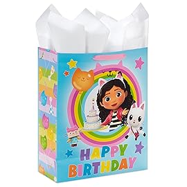 Hallmark Gabby\'s Dollhouse 15 Extra Large Birthday Gift Bag with Tissue Paper (Blue and Pink Rainbow) for Kids, Grandchildren, Friends