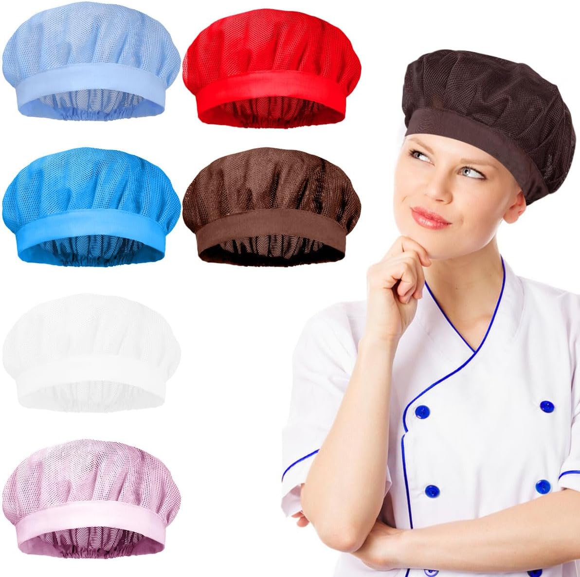 FZBNSRKO 6 Pcs Unisex Elastic Chef Hat,Mesh Chef Hats for Women,Nets Chef Hat Kitchen Cooking Chef Cap Adjustable Food Service Caps for Adults