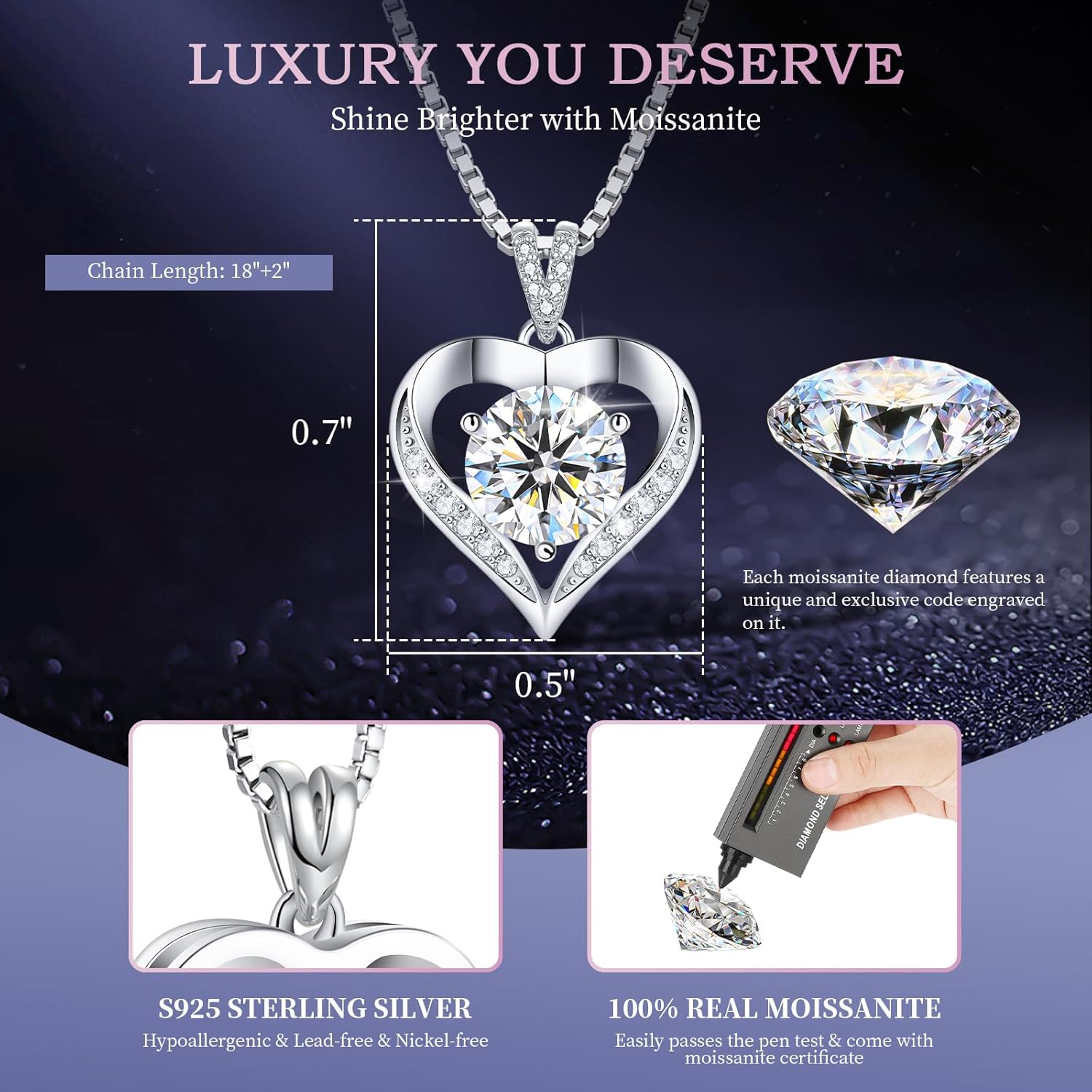 Gorgeous Moissanite Necklaces for Women - Valentine's Day Gifts for Wife Girlfriend, 925 Sterling Silver 1-3CT Moissanite Pendant Jewelry, Wedding Anniversary Birthday Christmas for Mom - Image 5