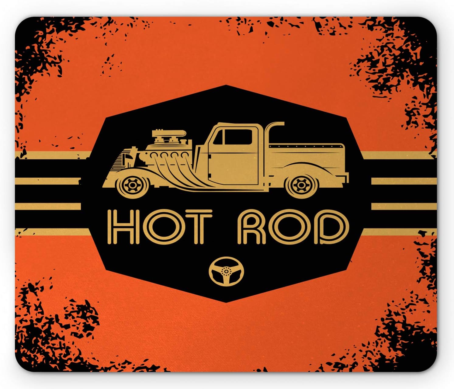 Ambesonne Retro Mouse Pad, Hot Rod Grunge Poster Design Custom Truck Americana Vintage Engine, Rectangle Non-Slip Rubber Mousepad, Standard Size, Orange Black Sand Brown