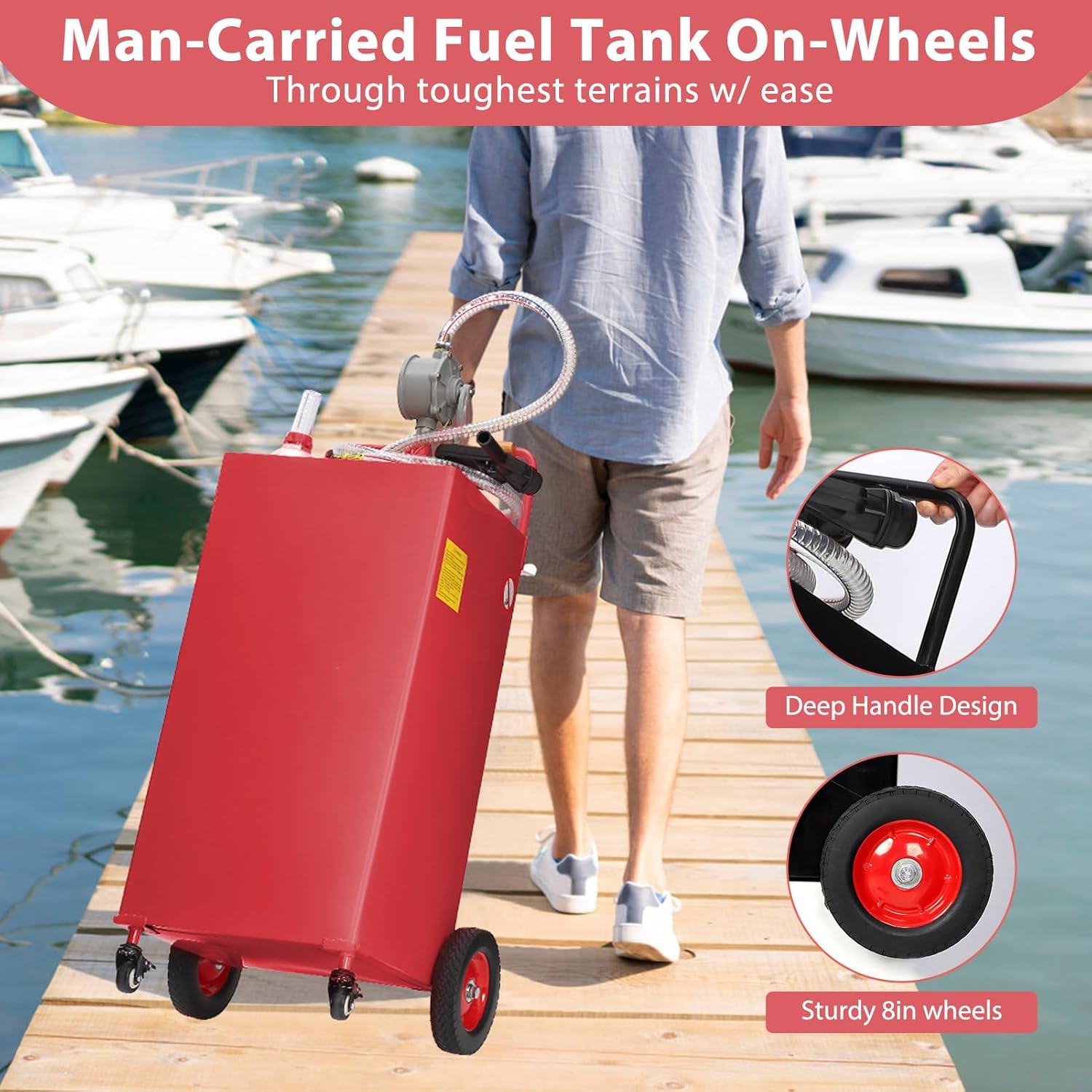 Heavy-Duty 30-Gallon Fuel Caddy Transfer Tank with Manual Pump Mobile Gas & Diesel Storage on 4 All-Terrain Wheels, Ideal for Farm, Marine, ATV, Lawn Equipment, and Automotive Use.