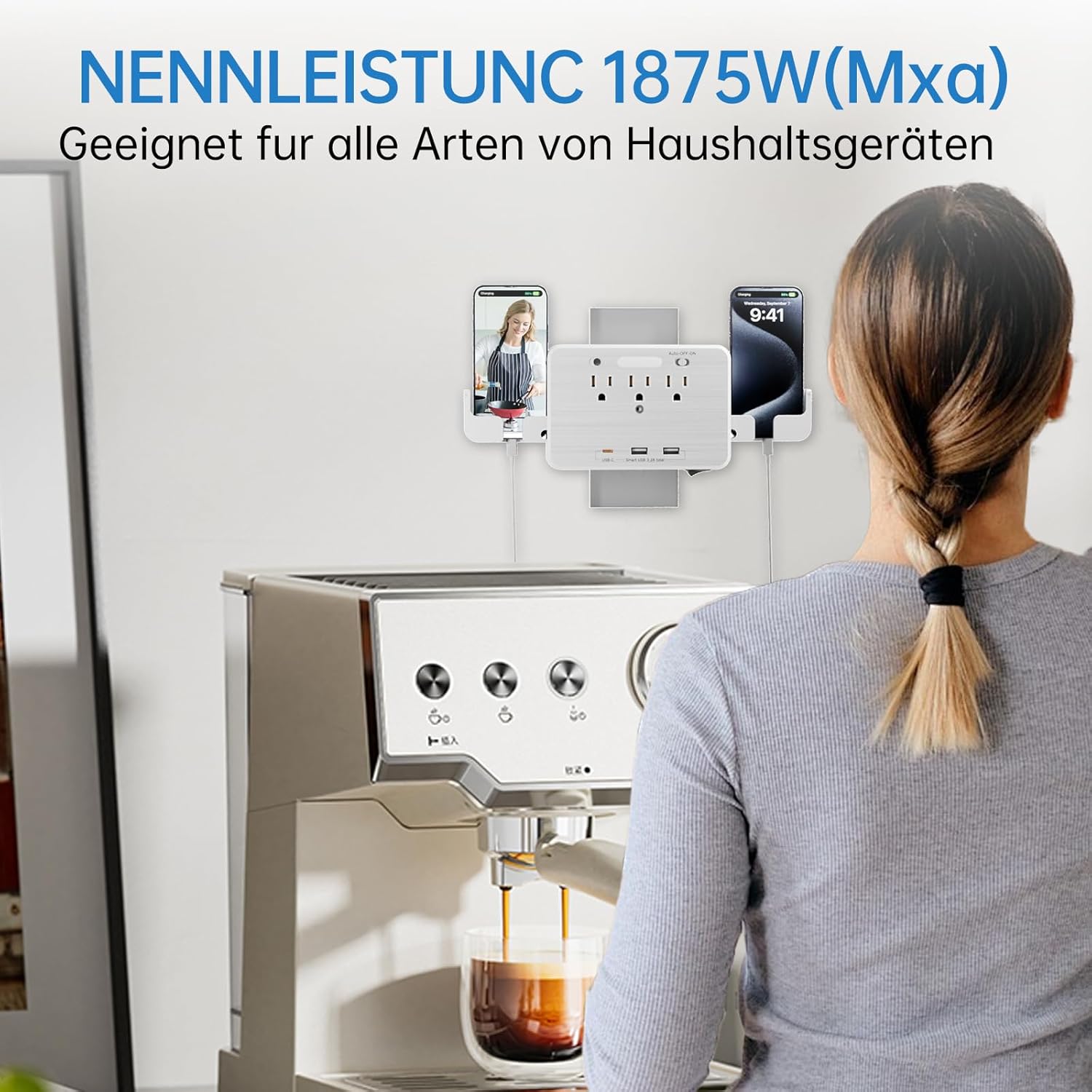 6-in-1 Outlet Extender with Surge Protector (900J), 3 AC Outlets & 3 USB Ports (USB-C), Smart Night Light and Retractable Phone Holder, 1875W Wall Mount Plug for Home, Office, Dorm