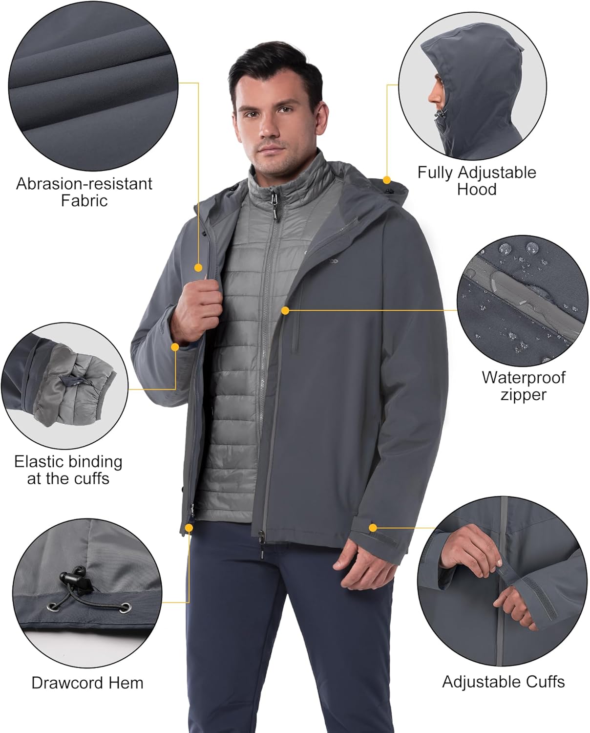 33,000ft Men's Waterproof 3-in-1 Ski Jacket, Warm Mountain Windbreaker Snow Rain Jackets Winter Coat with Puffer Jacket