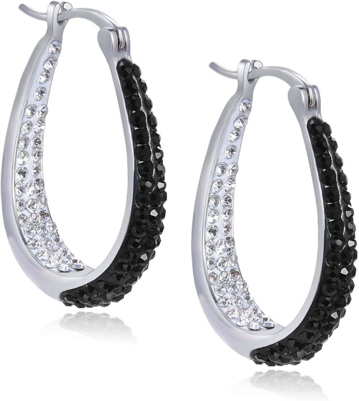 Crystal Hoop Earrings - Silver Plated Inside Out Oval Shape Hoop Earrings for Women, 1.2 Inch