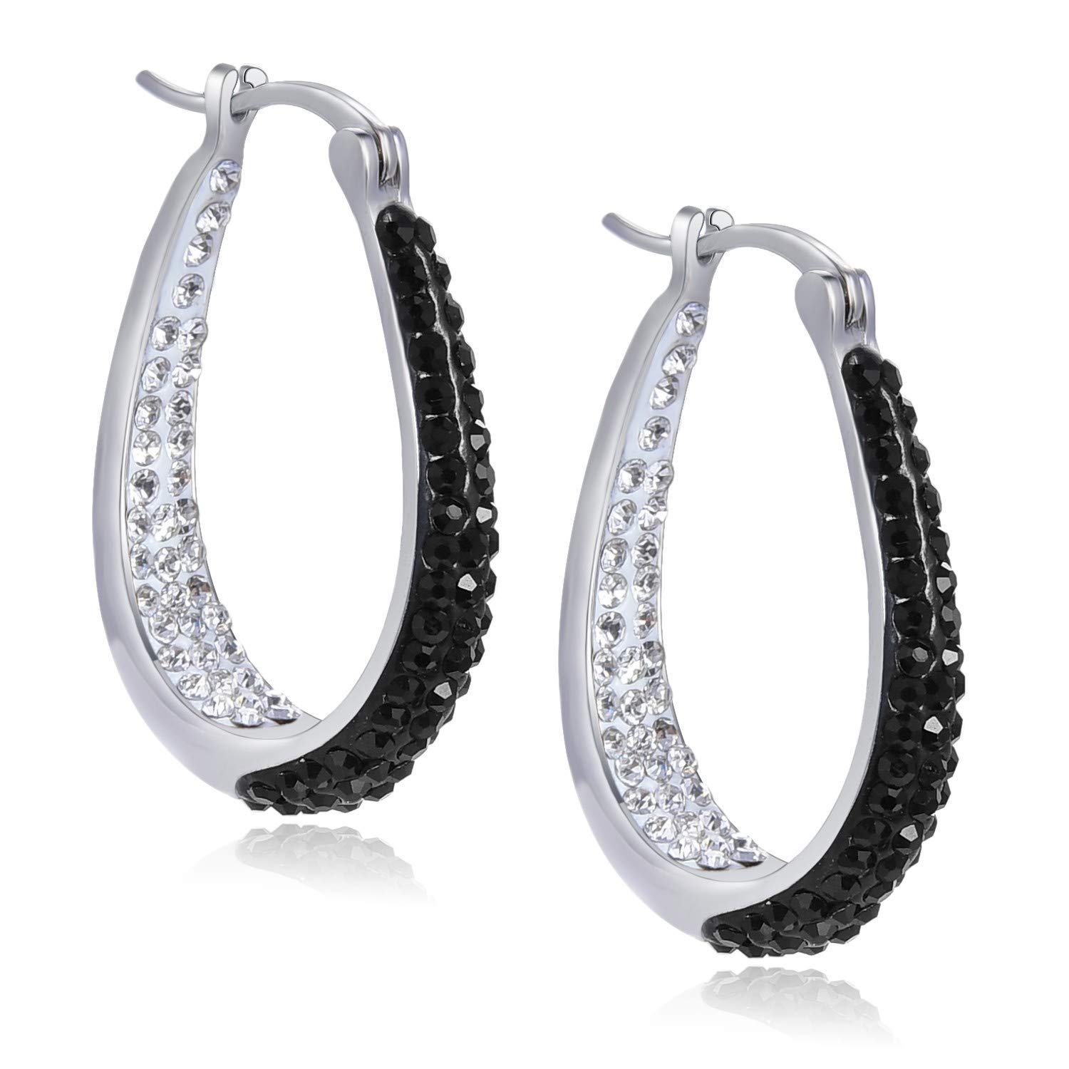 Crystal Hoop Earrings - Silver Plated Inside Out Oval Shape Hoop Earrings for Women, 1.2 Inch