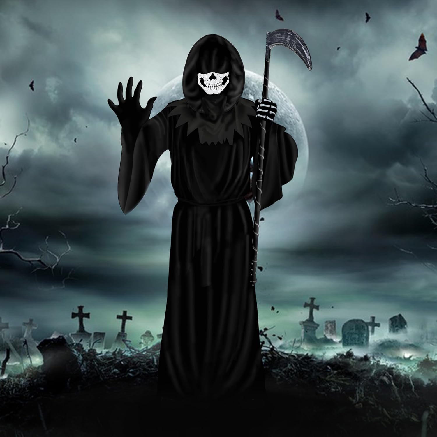 Grim Reaper Costume Set for Mens & Adults, Halloween Scary Ghost Phantom Cosplay Masquerade Tunic Robe with Scythe & Gloves & Hood for Age 14+ - Image 6