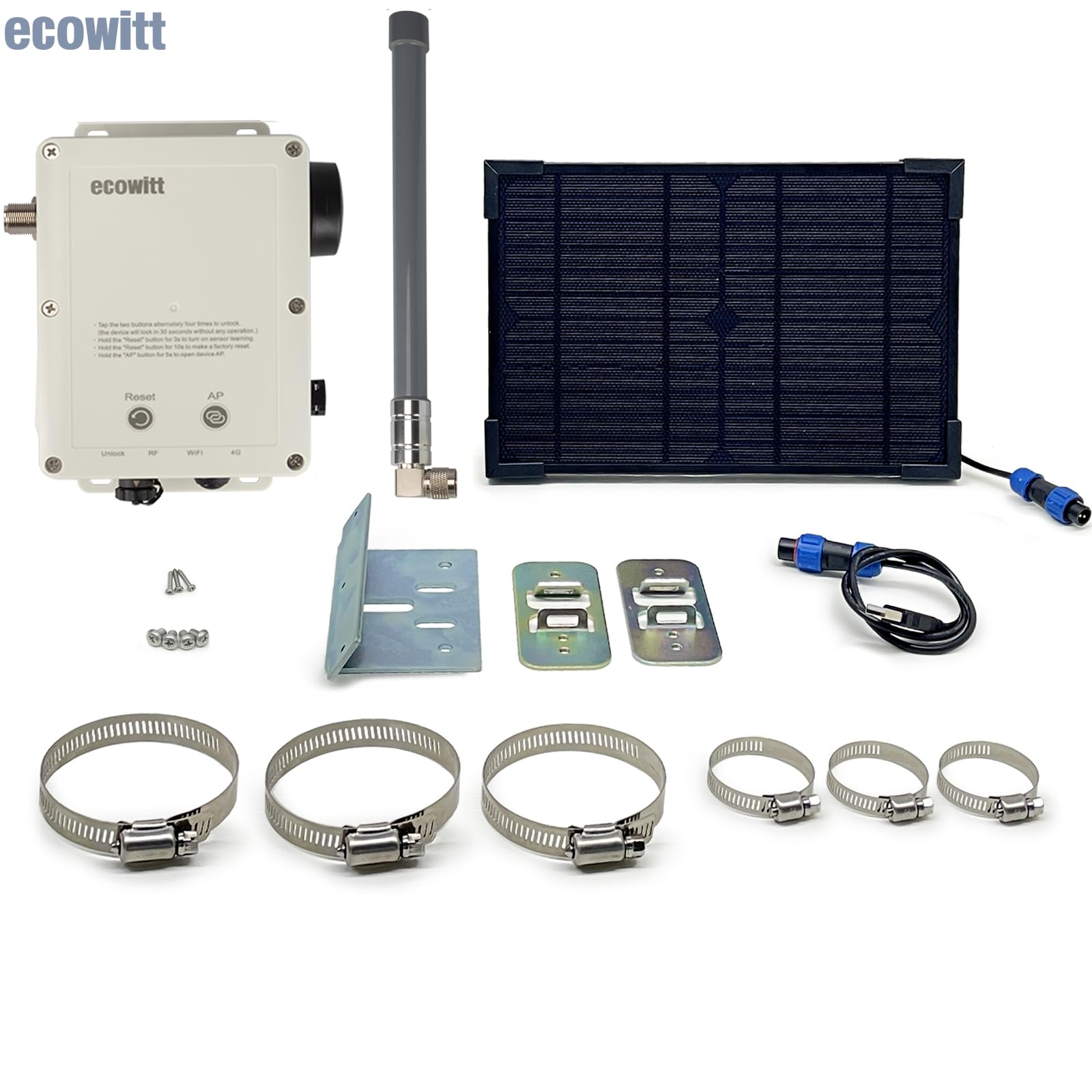 ECOWITT WS6210S Pasarela para estaciones meteorológicas domésticas, receptor móvil 4G y Wi-Fi para sensores de exterior/interior, estación base IoT con panel solar, antena RF de 30 cm