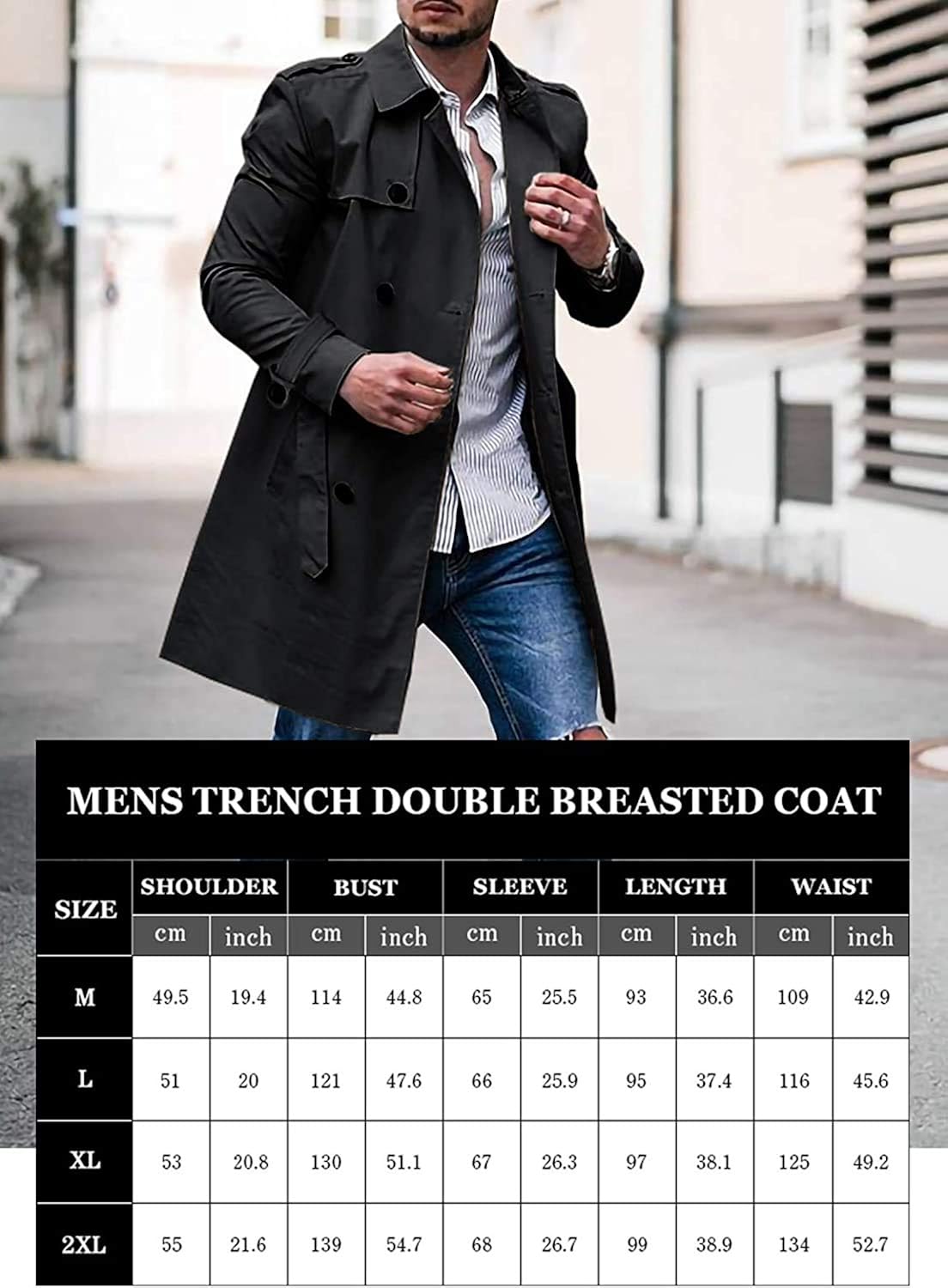Men's Trench Coat Slim fit Double Breasted Belted Windbreaker Lapel Long Jacket Casual Windproof Overcoat at  Men’s Clothing store