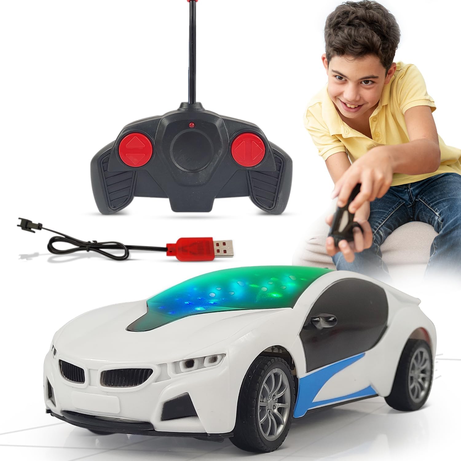 NHR 4 Function Remote Control Car, Racing/ Sports Car, New Model RC Car with LED Light for Kids (3+ Years, White)