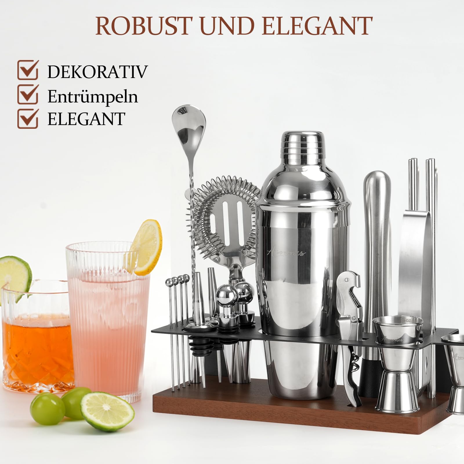 23-teiliges Barkeeper-Set, Cocktail-Shaker-Set mit Ständer|Bar-Getränkemixer-Set mit allen wichtigen Bar-Tools: Martini-Shaker, Sieb, Löffel, Stößel, für Zuhause, Bar, Party (braun-F)