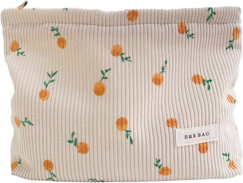 Necessaire Mussepera de Veludo Cotelê com Estampa Floral, Fechamento por Zíper, Cor Clementine, Modelo PCM28