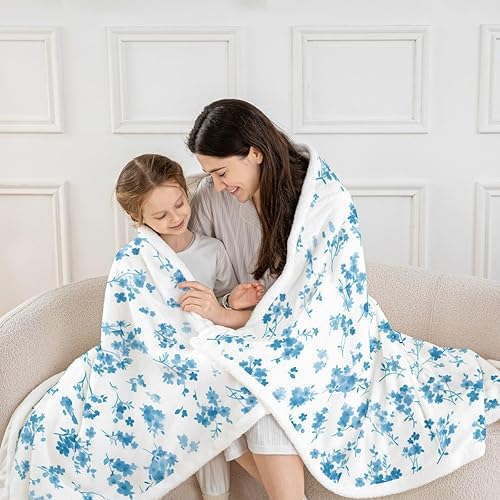 Miniatura 2 de Manfei Blue Flower Throw Blanket Watercolor Floral Print Fleece Blanket Botanical Wildflower Cozy Throws for Bed Couch Sofa,Kids Boys Girls Room
