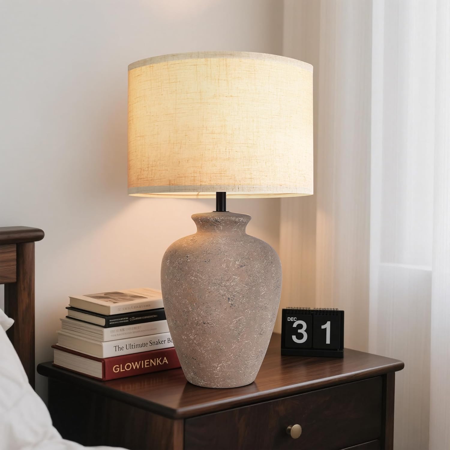 Ceramic Farmhouse Table Lamp for Living Room and Bedroom - Modern Earth Yellow Pottery Beside Lamps for Small Nightstand and Large Side Table - Rustic Round Stone Lighting Single with Beige Shade
