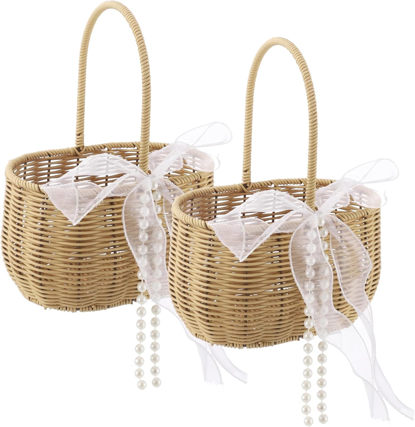 2 Pcs Wicker Flower Baskets, Woven Rattan Wedding Baskets with Pearl Chain and Sheer Bow, Rustic Oval Wicker Petal Holders for Ceremony Aisle, Bridal Shower, Easter Party