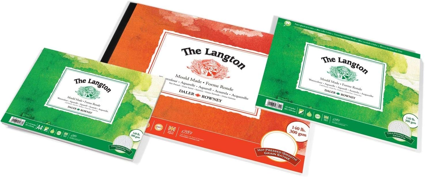Daler-Rowney The Langton Prestige Watercolour Paper, Cold Pressed, 300 GSM, 140lb, Pad, Glued 4 Sides, 10 x 7in - 25.4 x 17.8 cm, Natural White, 12 Sheets