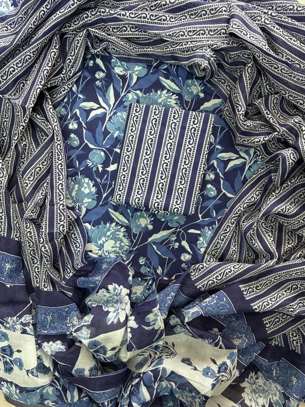 Image of Eddika women unstitched hand block printed cotton suit set with mulmul dupatta ehbpcswmd0120P