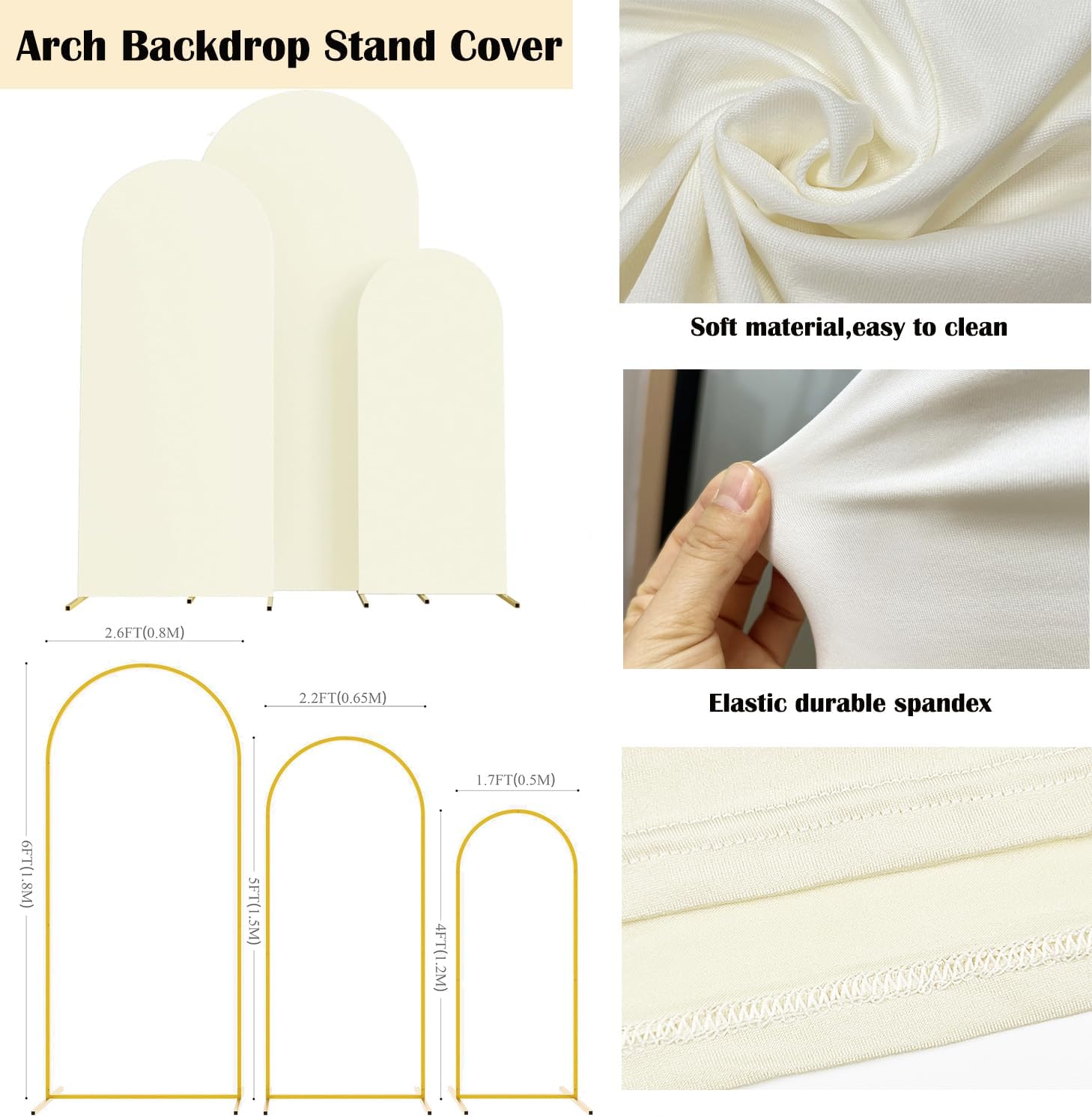 Set of 3 Wedding Arch Decorations - Spandex Fitted Stretchy Arch Stand Covers, 2-Sided Round Top Chiara Backdrop for Party, Birthday, Banquet, Baby Shower (4ft, 5ft, 6ft Ivory) thumbnail