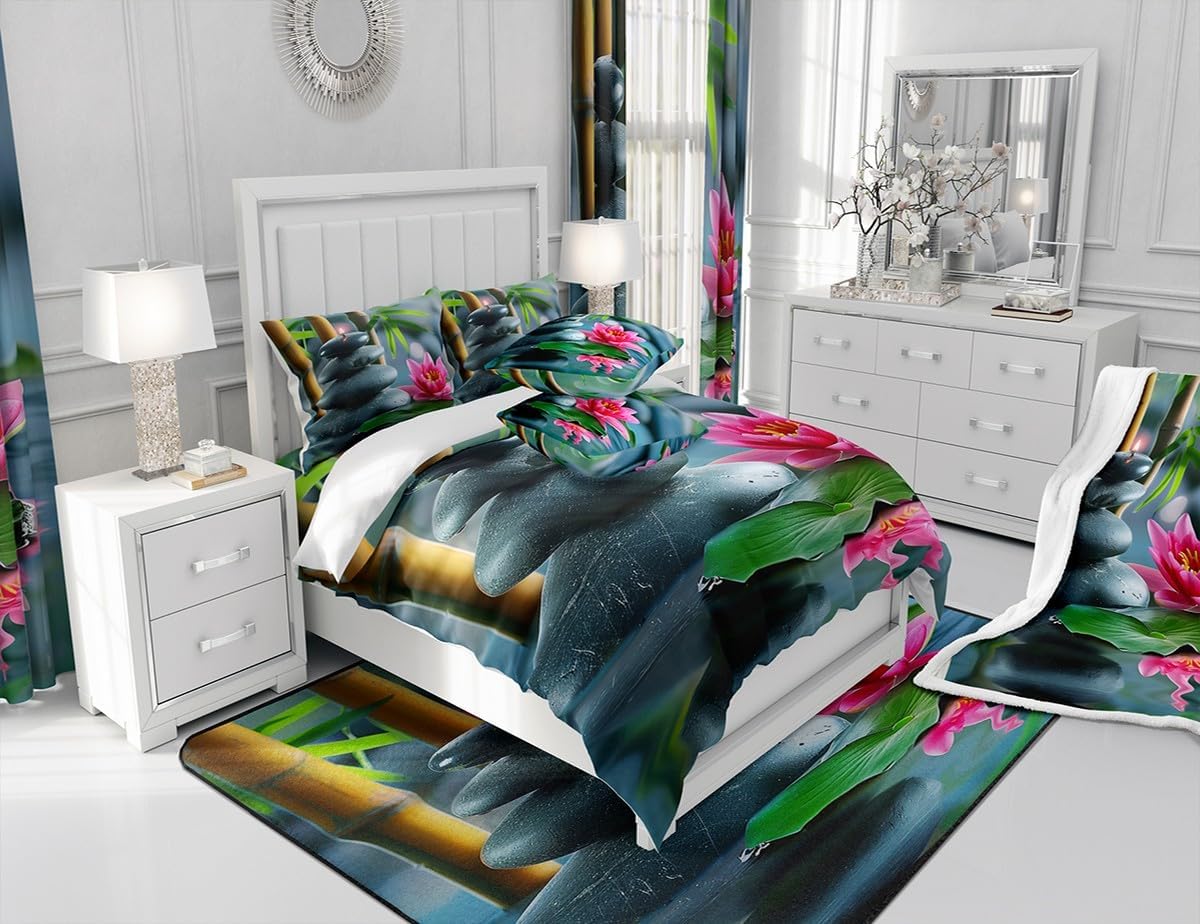Bamboo Candle Bedding Set,Zen Stones Duvet Cover for Kids Teen Boys Girls,Meditation Lotus Comforter Cover Decorative Room,Spa Still Life Quilt Cover with 2 Pillowcases,King Size(No Comforter)