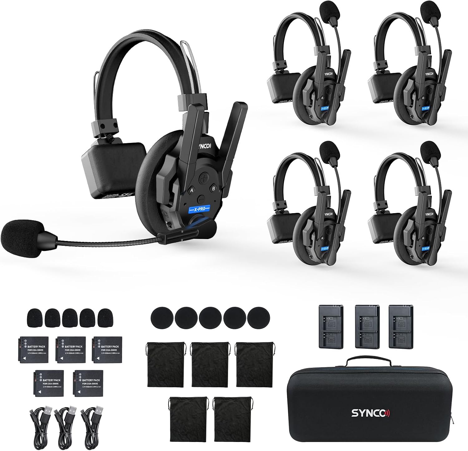 SYNCO XTALK XPRO5 Wireless Intercom Headset System, 500m/1640ft 2.4GHz Communication Headsets for 5 Person with Noise Reduction Film Documentary TV Production, Xtalk-Xpro-X5-headset-intercom