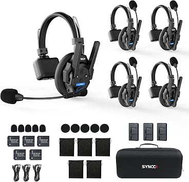 SYNCO XTALK XPRO5 Wireless Intercom Headset System, 500m/1640ft 2.4GHz Communication Headsets for 5 Person with Noise Reduction Film Documentary TV Production, Xtalk-Xpro-X5-headset-intercom