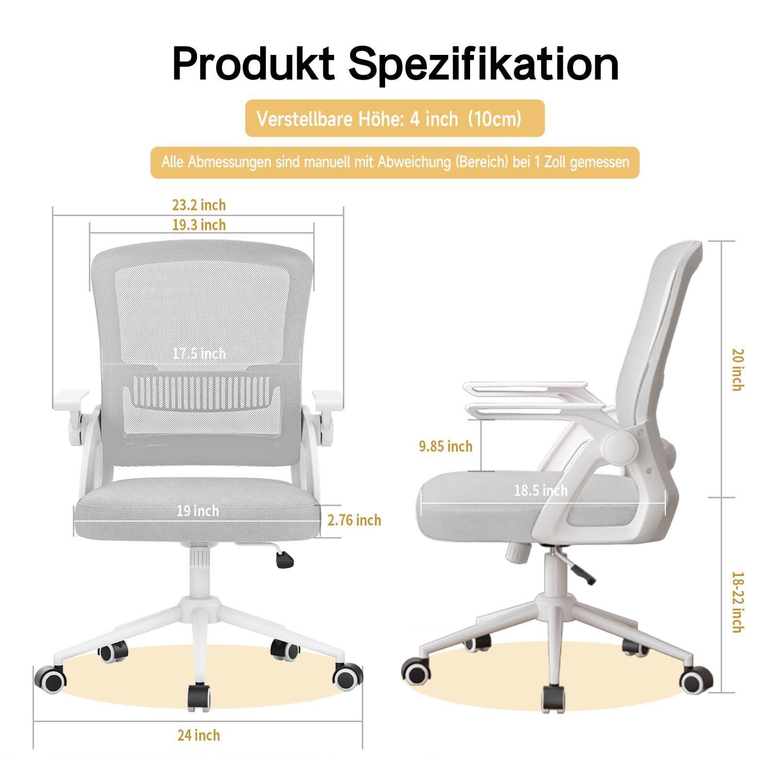 naspaluro Bürostuhl Ergonomisch mit Hochklappbare Armlehnen Grau | Schreibtischstuhl , Drehstuhl mit Netzbespannung, Lordosenstütze, Höhenverstellbarer, Wippfunktion, Gepolstertem Sitzkissen
