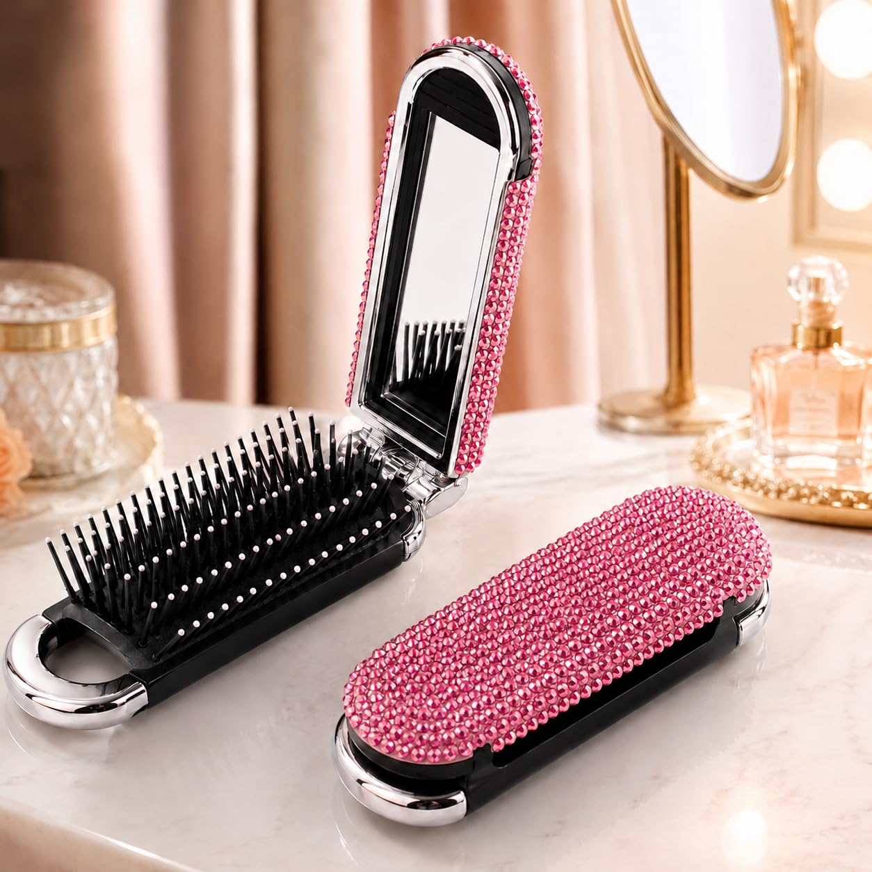 HUMAIZAR Hair Brush Comb for Women & Girls | Folding Mirror | Rhinestone Design | Compact Pocket Travel Comb Brush | Pink Gift for Female-image-36