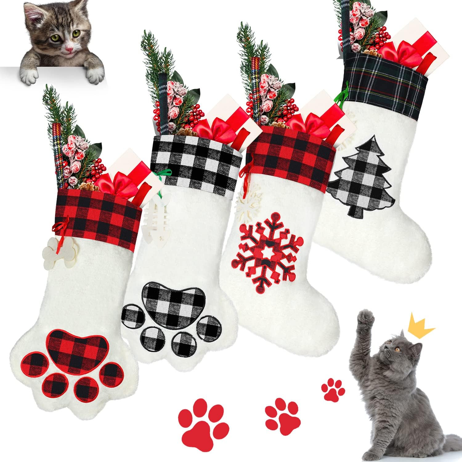 Syhood 4 Pcs Pet Cat Christmas Stockings Dog Paw Stocking