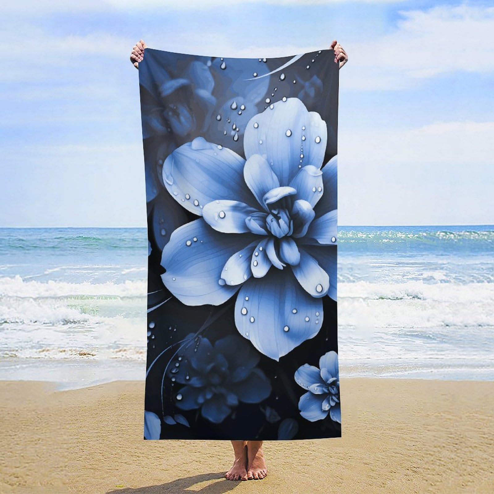 NTVOWPZO Blue Flower Beach Towel Oversized Microfiber Bath Towels Lightweight Sand Proof Beach Towels Absorbent Pool Towels for Swimming Yoga Bathroom Towel 31.5" X 63"