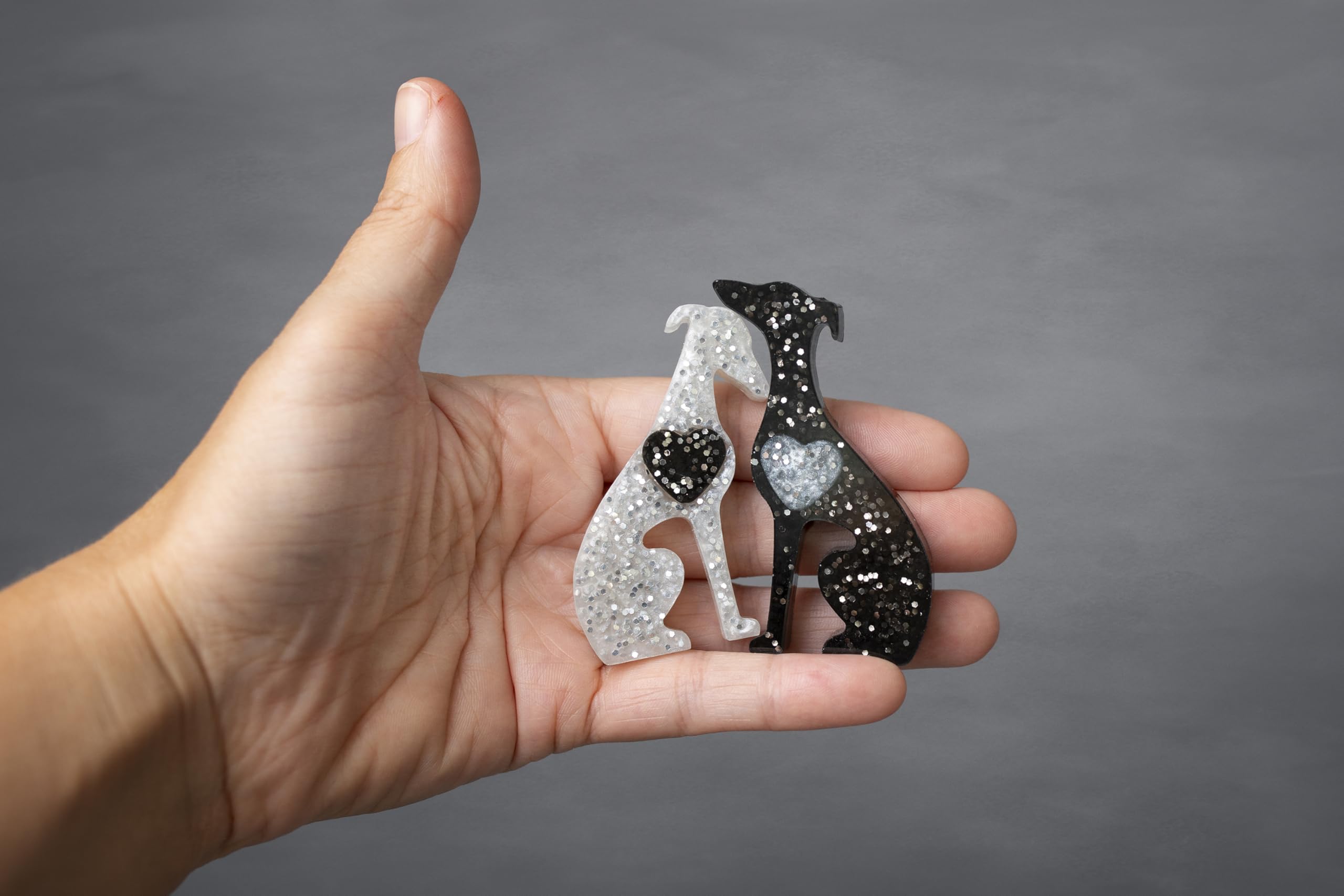 Handmade Mini Resin Whippet/Greyhound Figurines - Set of 2, Decorative Dog Statues 7cm high (Black and white sparkle hearts) - Image 4