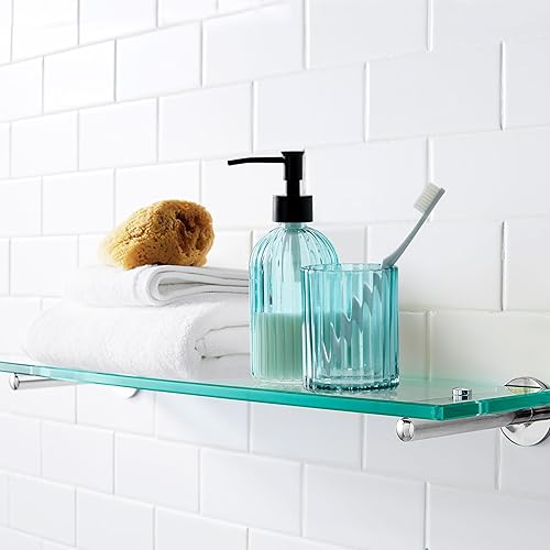 Miniatura 4 de Juego de 4 accesorios de baño de vidrio pesado con patrón decorativo prensado, incluye dispensador de jabón de mano, vaso, jabonera y soporte para