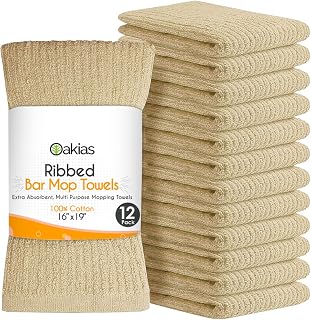 Oakias Ribbed Terry Bar Mop Towels – 12 Pack – Beige – 16 x 19 Inches – Bar Rags – Highly Absorbent Cleaning and Kitchen Towels