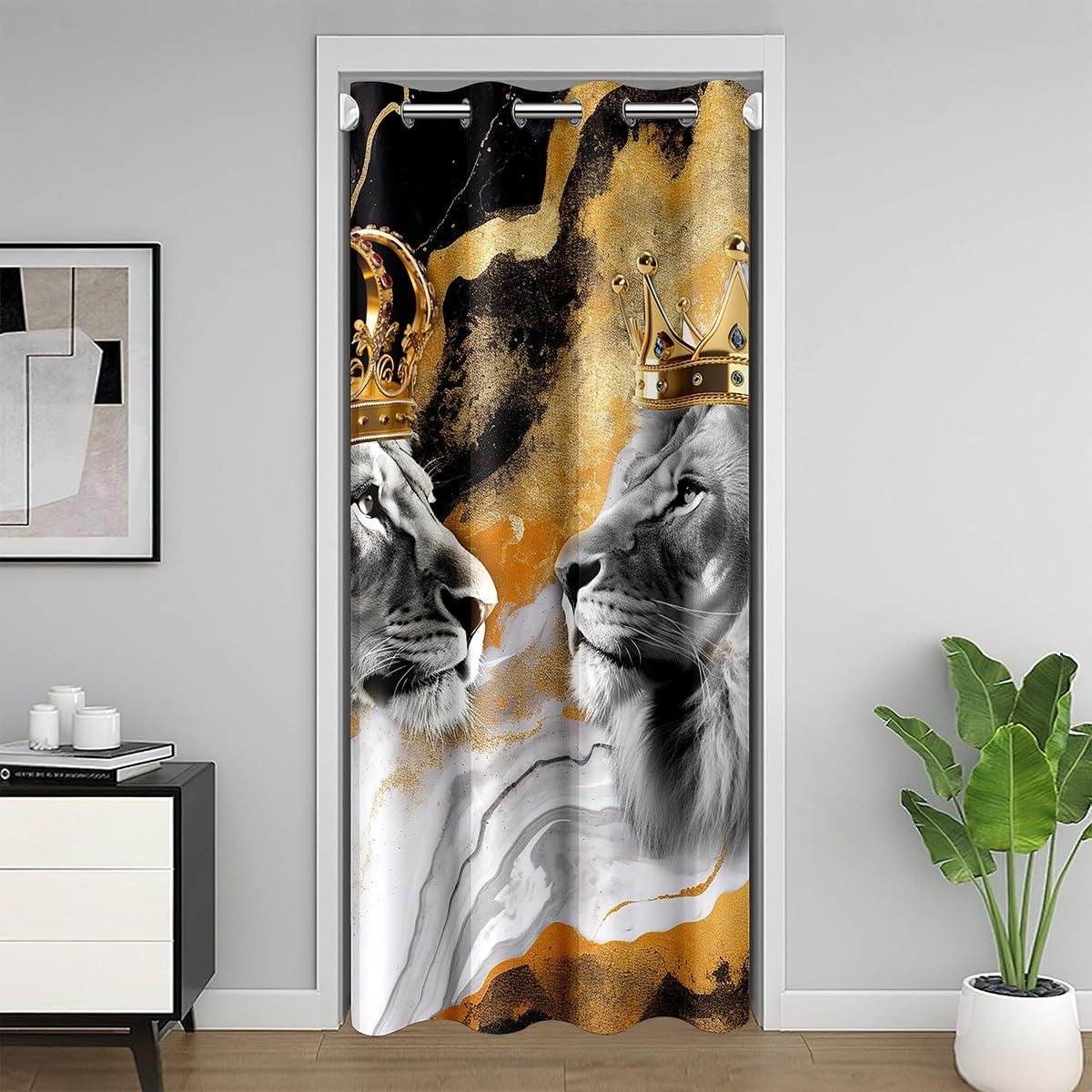 richhome Abstract Lion Couple Door Curtain Watercolor Gold Black White Marble Doorway Curtain Privacy For Kids Teens Adults Gray Wild Jungle Animal Dreamy Drape For Bedroom Doors Windows42 W X80 L — image 1