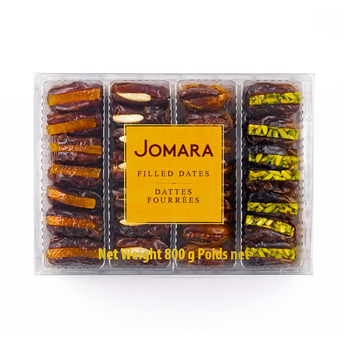 Jomara Premium Filled Dates Mix Pack 4 Flavors | 28oz / 800g | Natural Dates filled with Orange Peel, Caramelized Pecan, Roasted Almond or Pistachio| Healthy Dried Fruit for Snacking | Natural Source