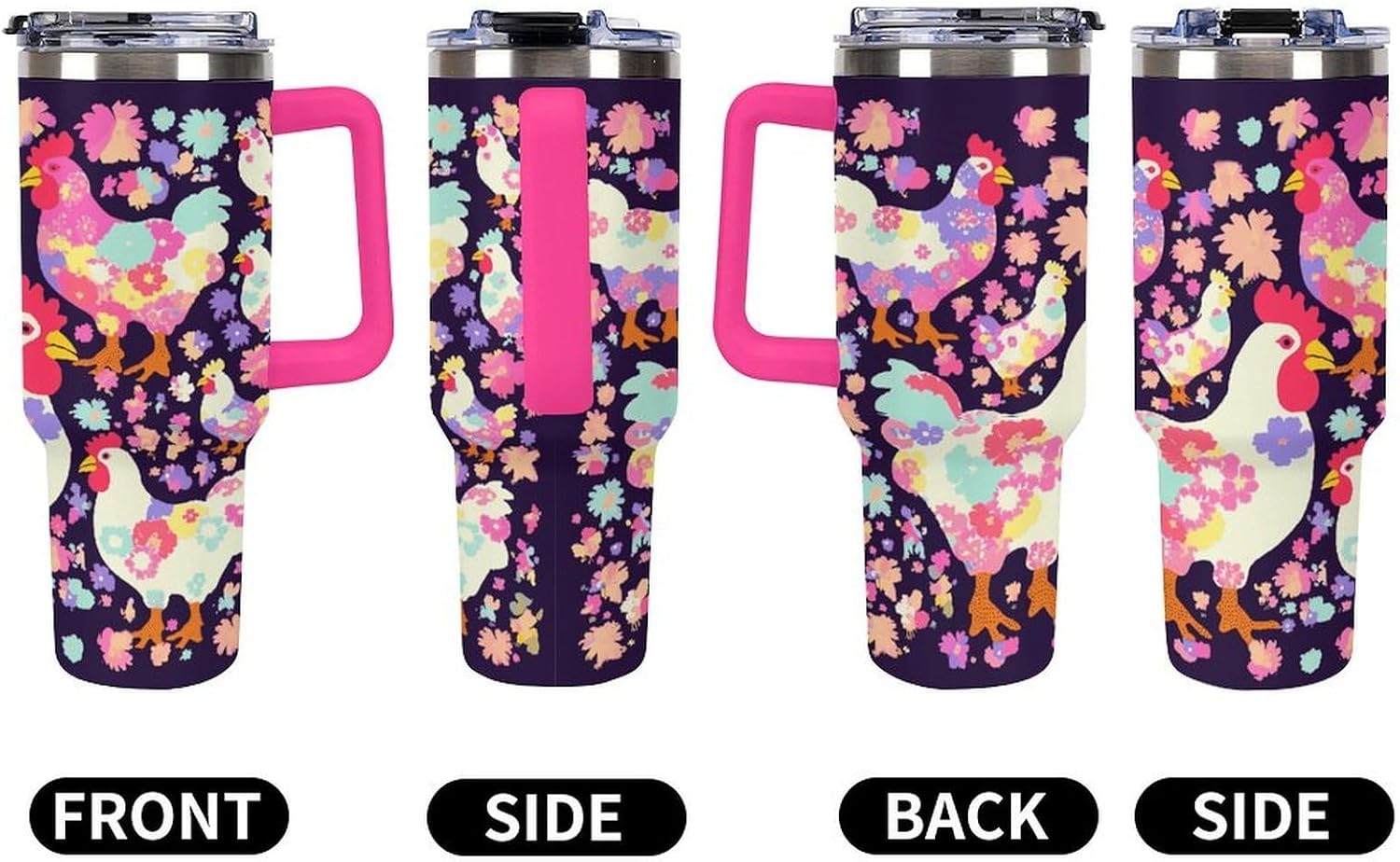 Flower Heart Chicken Tumbler 40 Oz with Handle&Lid Large Car Cup Stainless Steel Vacuum Travel Mug Insulated Water Bottle Leak-proof Portable Coffee Cup for Home Car Outdoor