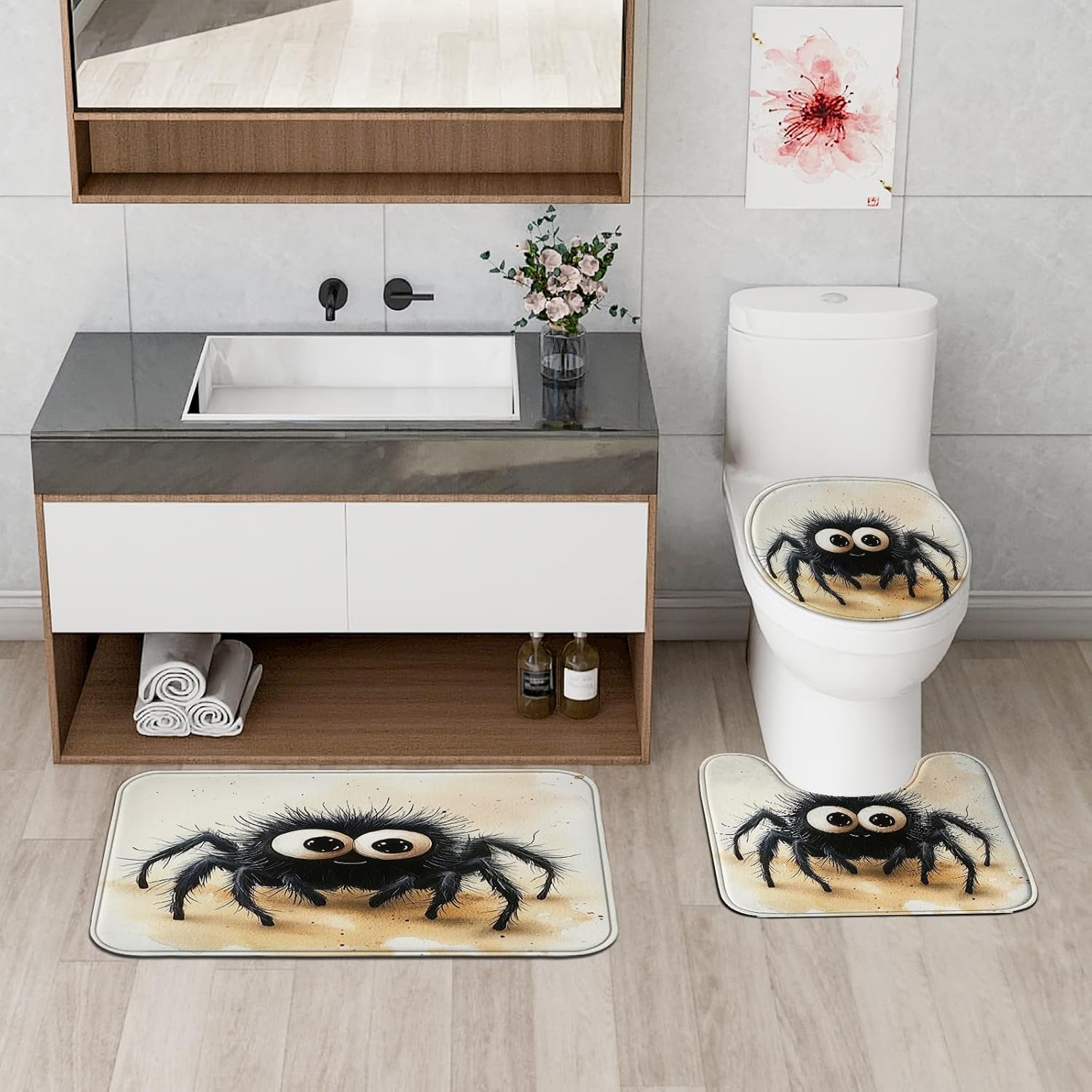 4PCS Cute Kids Tarantula Bathroom Sets, Bath Accessory with Non-Slip Rug, U Shape and Toilet Lid Cover Mat, Cartoon Fun Spider Bathroom Decor-72''x72''