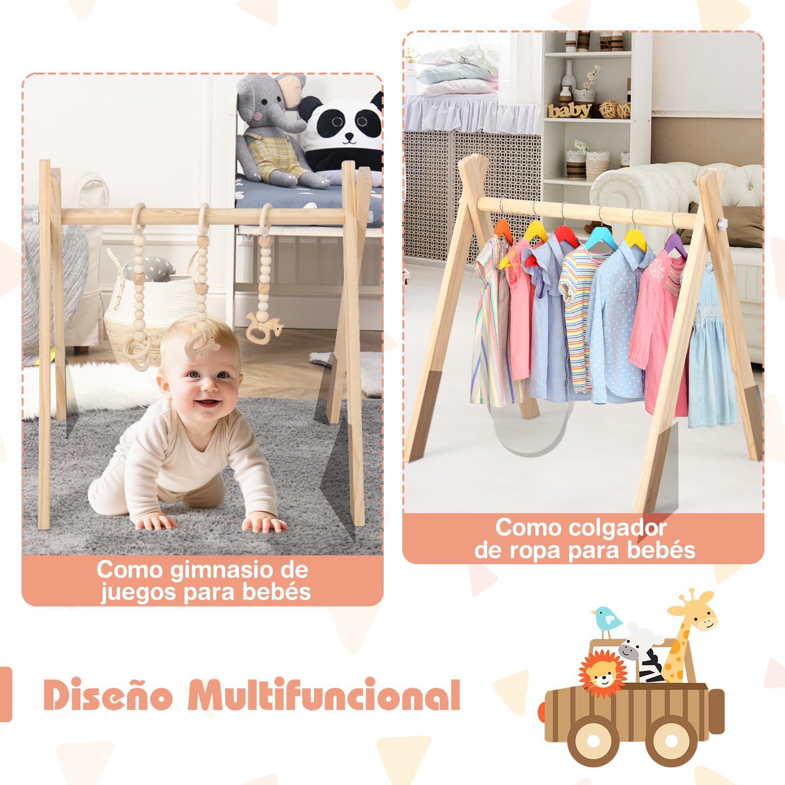 COSTWAY Gimnasio para Bebé de Madera Centro de Actividade con Juguete de Más de 3 Meses, Arco Plegable de Madera para Bebé con 3 Juguetes Extraíbles para Niños (Natural)