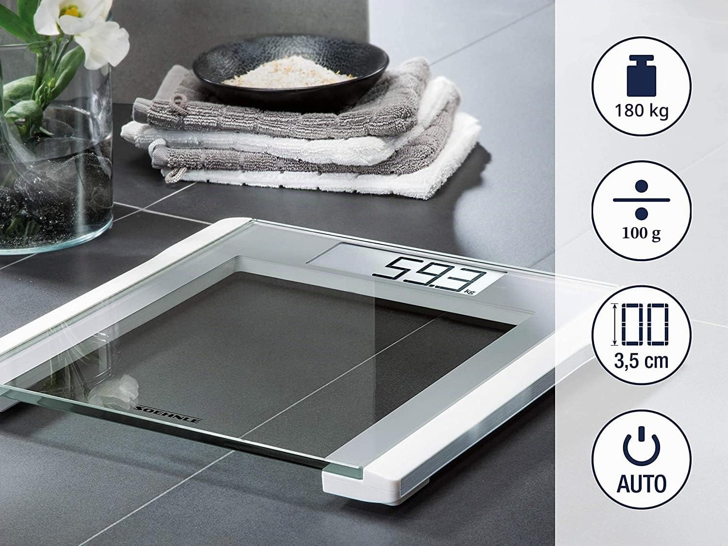 Soehnle Balance pèse personne Style Sense Comfort 200, Balance électronique élégante avec large écran LCD, Balance de précision supportant jusqu'à 180 kg, Pèse personne solide et durable