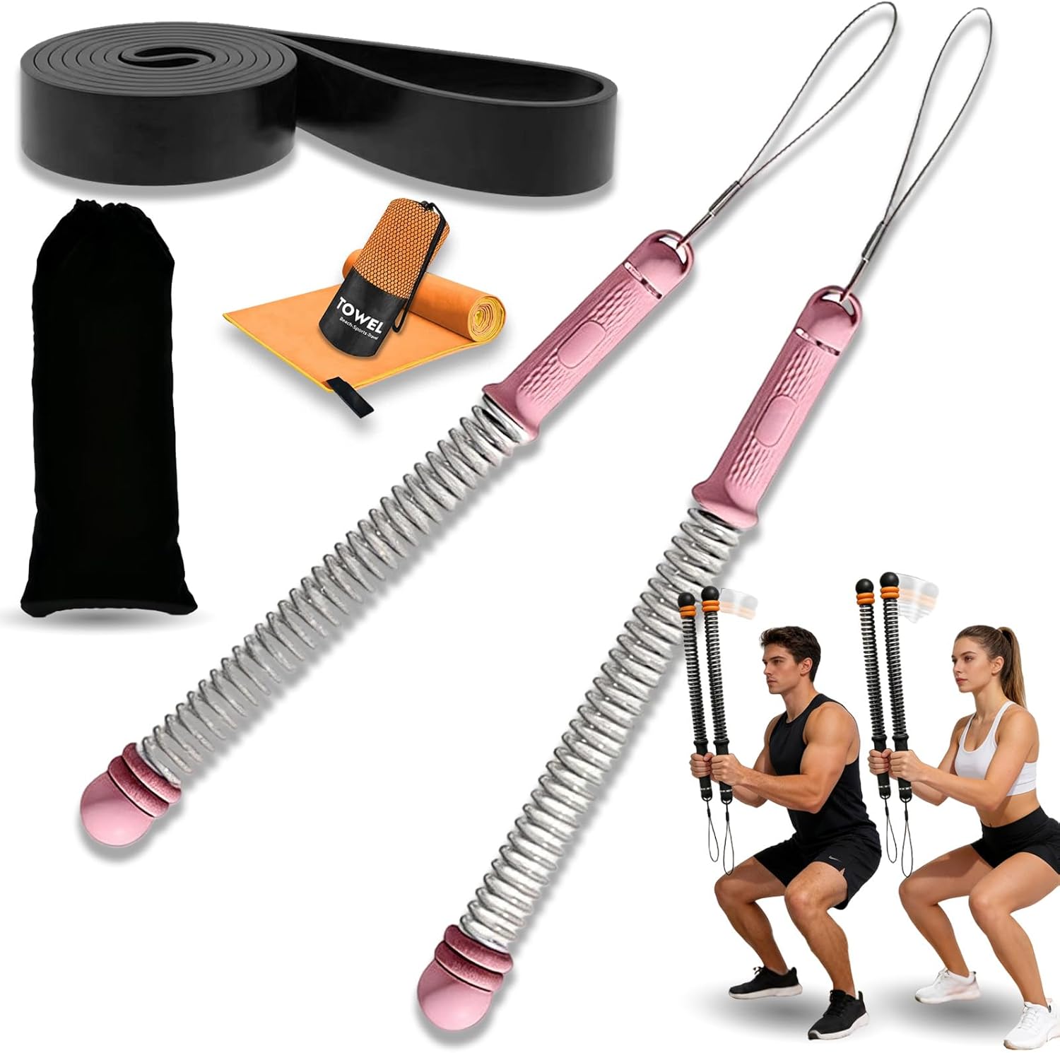 Battle Rope Workout Equipment Bundles, Portable Ropeless Battle Ropes for Home Gym, Adjustable Cordless Battle Ropes with Storage Bag for HIIT, Low-Impact Workout, Help Full Body Shaping (Pink)
