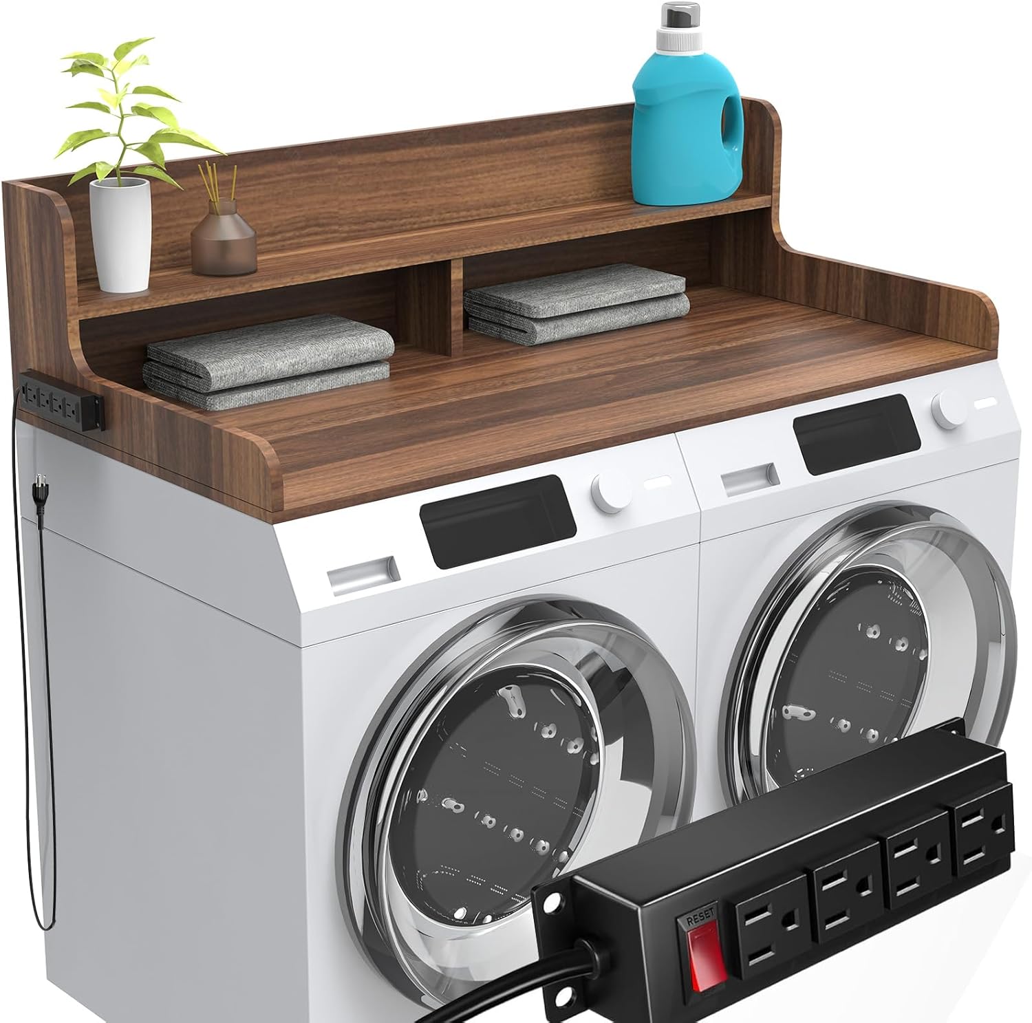2-Tier Washer Dryer Countertop with Charge Station, 54" x 27.5" Walnut