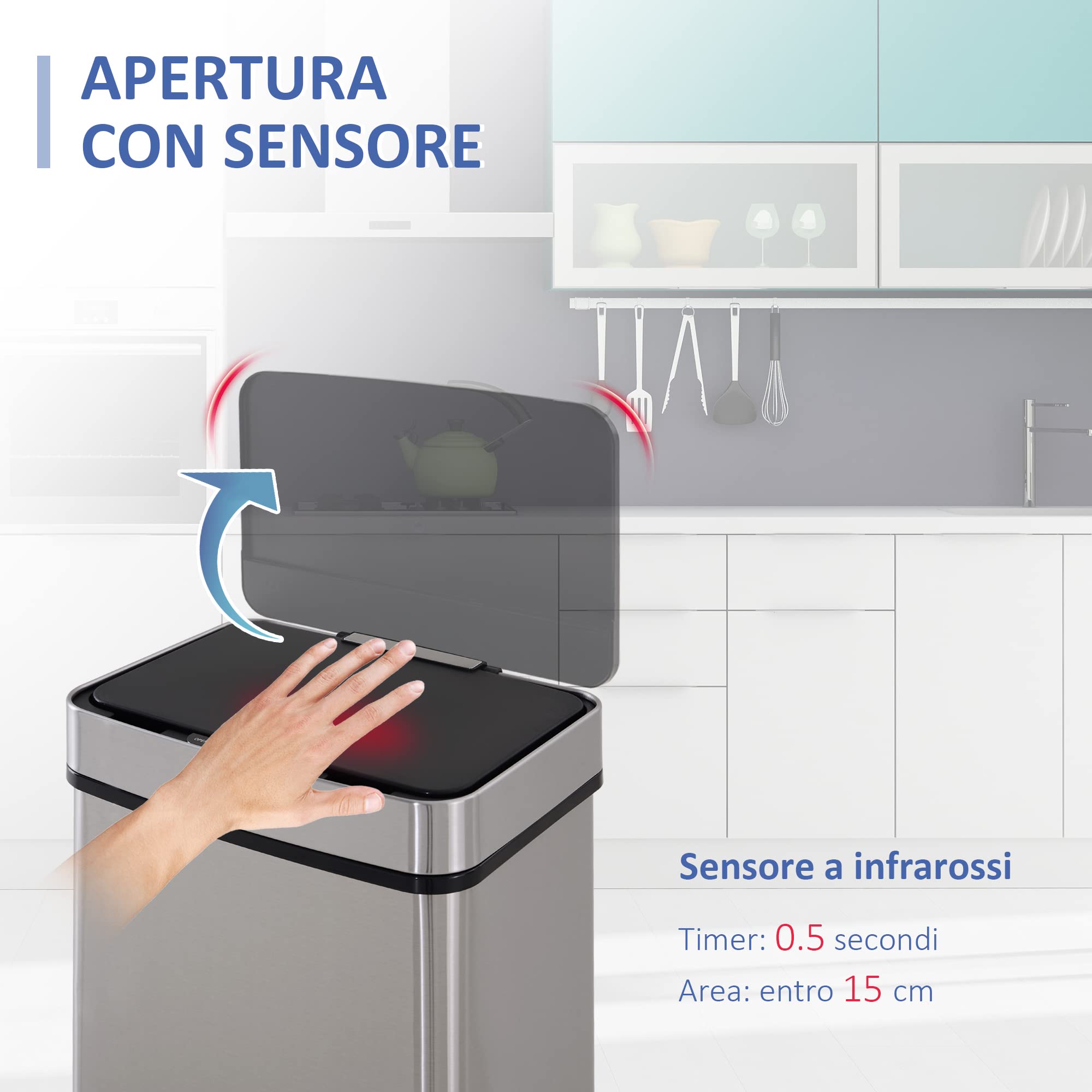Pattumiera Automatica A Sensore 60 Litri In Acciaio Inox - Si Apre Da Sola, Bianca, Per Cucina