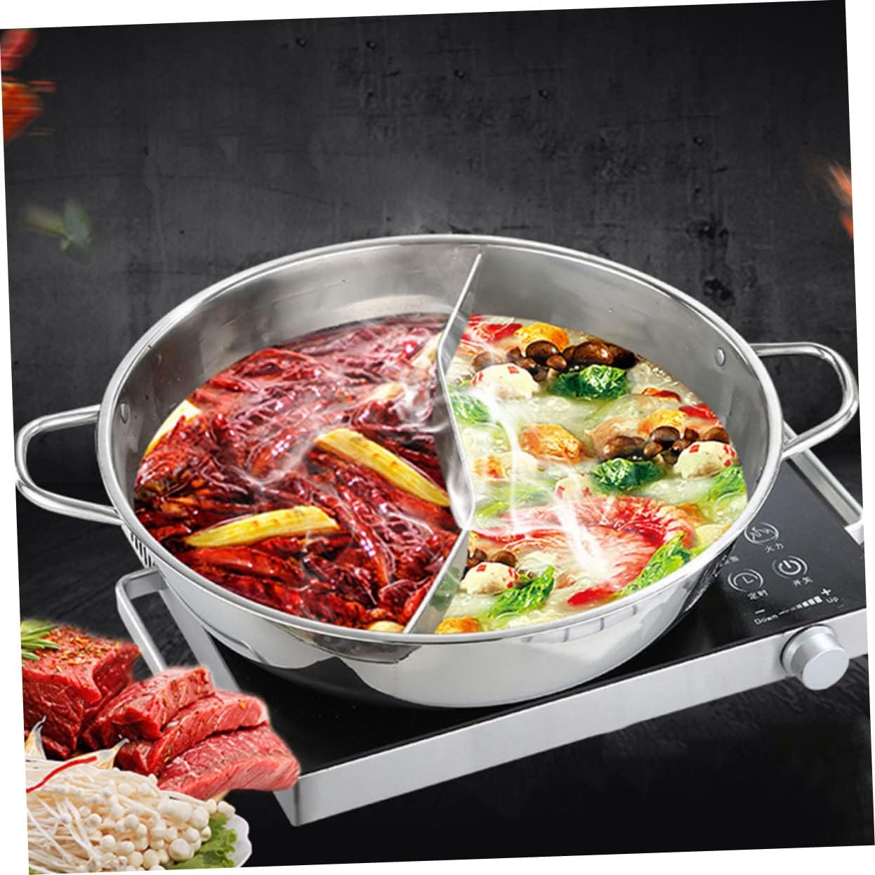Stainless Steel Hot Pot Pot Two Dividers Double Flavor Cooking Split Pan Strainer