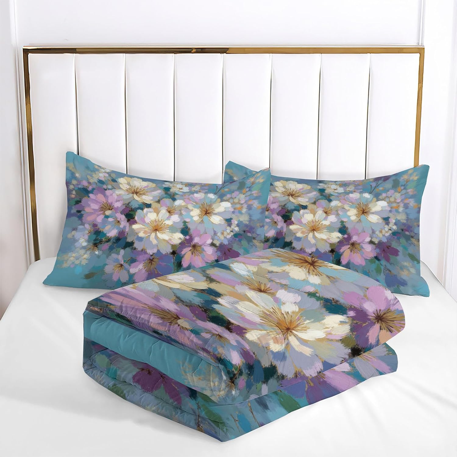 Abstract Flowers Quilt Set Twin 3 Pieces, Light Blue Quilts Bedding Set Rich Floral Bouquet Bedspread Bed Cover Lightweight Spring Summer Beds Coverlet for All Season - 68"X90"