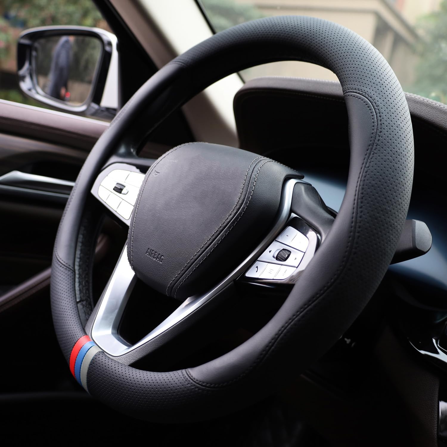 Car Steering Wheel Cover for BMW X3 X5 X7 3 5 Series 328i 528i 535i 530i 540i 320i 325i 330i X1 X2 X4 X6 1 2 4 6 7 8 M3 Series e90 e60 f30 e46 Interior Accessories, Black Leather-14.5-15 inch
