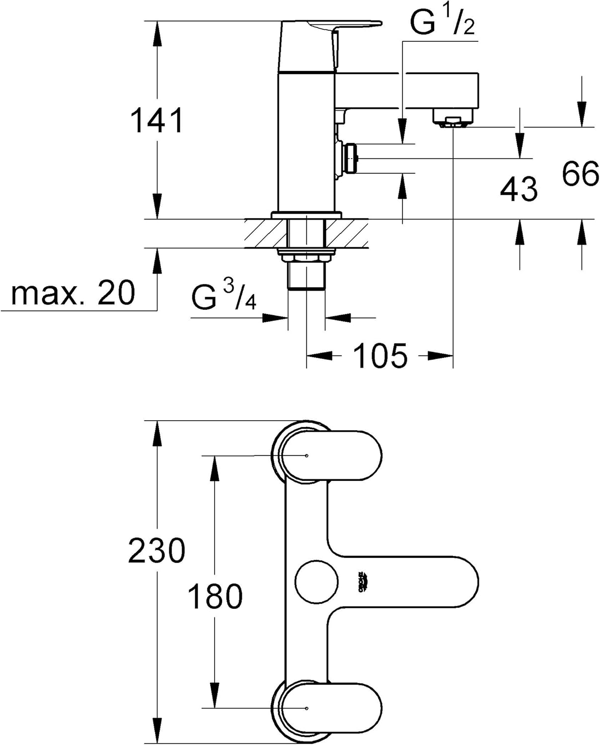 GROHE 25129000 | Eurosmart Cosmopolitan Two-Handled Bath & Shower Mixer