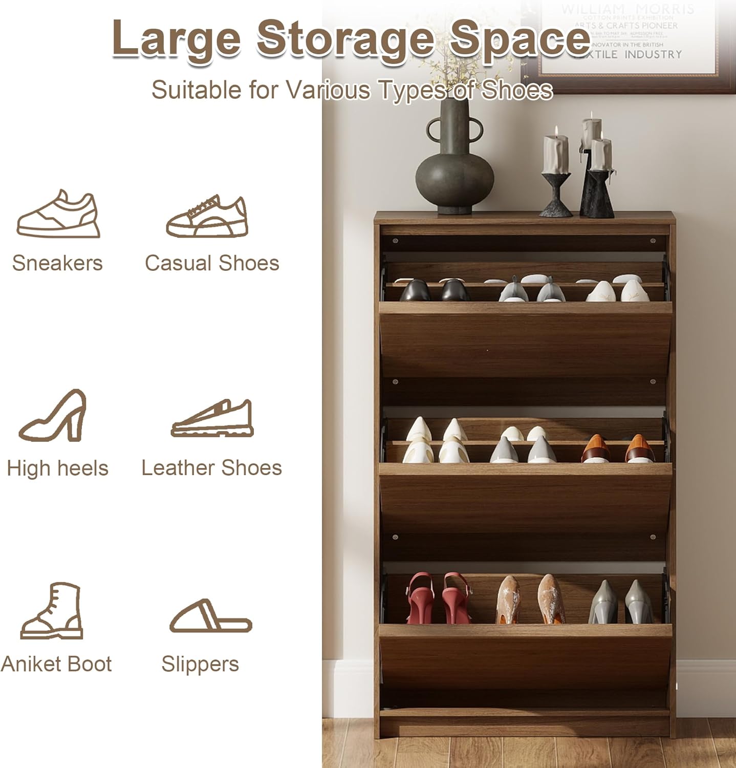 Shoe Cabinet with 3 Flip Drawers, 23.62" W Narrow Shoe Storage Cabinet for Entryway, Slim Shoe Organizer with Adjustable Shelves, Freestanding Shoe Rack for Hallway, Living Room, Walnut