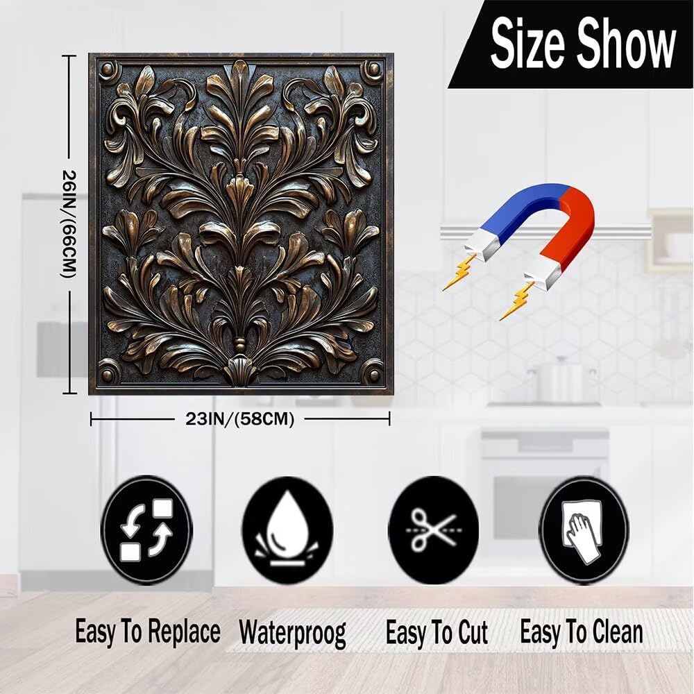 Copper Relief Vines Dishwasher Magnet Cover Sticker Metal Leaves Dish Washer Door Panel Magnetic Cover Fridge Appliance Magnet Decal Sheet Kitchen Decor, Reusable Magnetic 23" x 26"